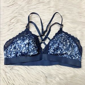 Aerie Pull-On Triangle Bralette Blue Floral Satin Lace